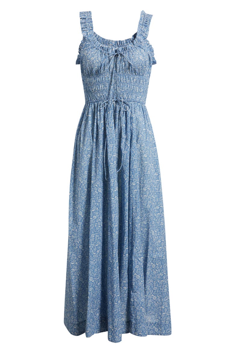 Ditsy Floral Organic Cotton Smocked Midi Dress, Alternate, color, BLUE GARDEN BLOOM