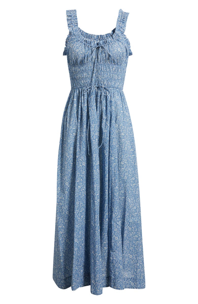 DÔEN Ditsy Floral Organic Cotton Smocked Midi Dress, Alternate, color, Blue Garden Bloom