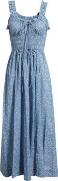 DÔEN Ditsy Floral Organic Cotton Smocked Midi Dress