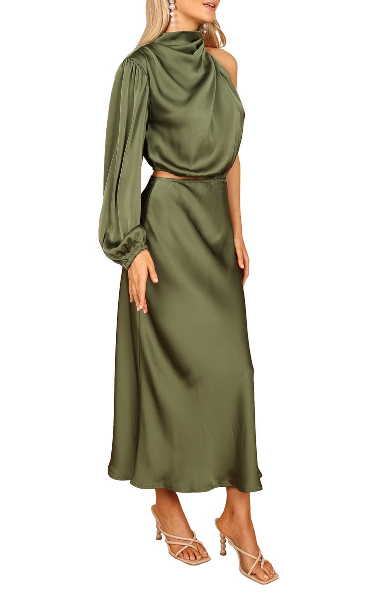 Petal & Pup Amelie Cutout Single Long Sleeve Satin Maxi Dress, Alternate, color, Olive