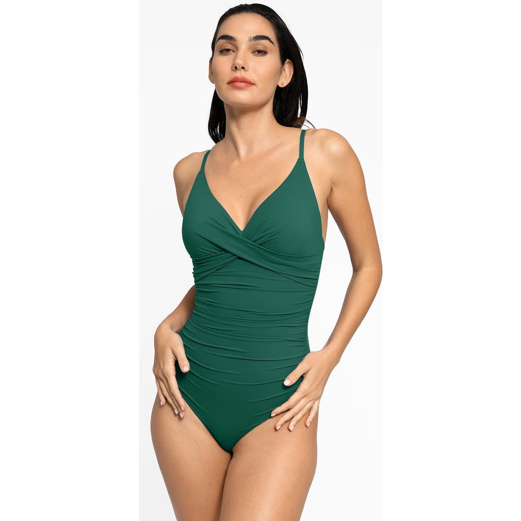 Popilush Shapewear Ruched Cross-front Sculpting One-piece Swimsuit In Bottle Green