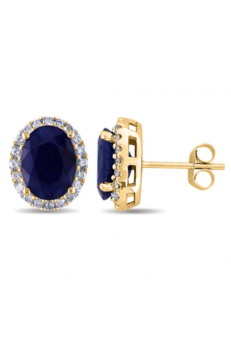 Oval Blue Sapphire & Halo Diamond Stud Earrings 14k, Main, color, Yellow Gold