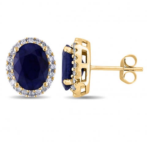 Oval Blue Sapphire & Halo Diamond Stud Earrings 14k