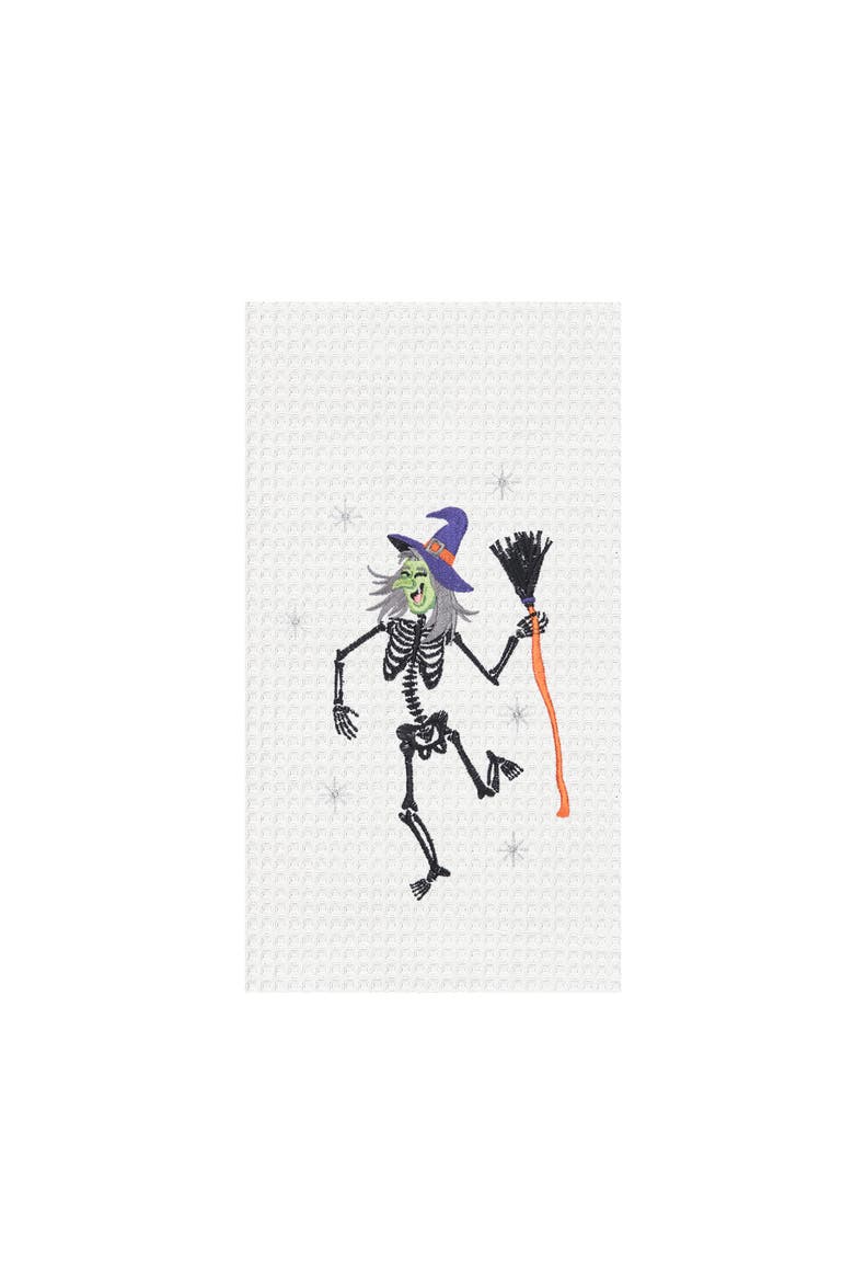 Dancing Skeleton Witch Halloween Embroidered 100% Cotton Waffle Weave Kitchen Dishtowel, Main, color, Green