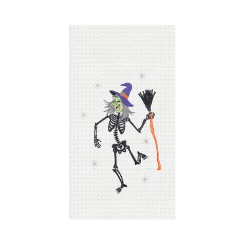 Dancing Skeleton Witch Halloween Embroidered 100% Cotton Waffle Weave Kitchen Dishtowel