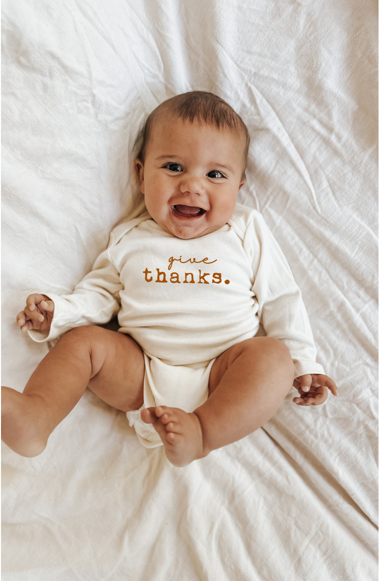 Tenth & Pine Give Thanks - Organic Long Sleeve Baby Bodysuit, Alternate, color, Natural Rust Lettering