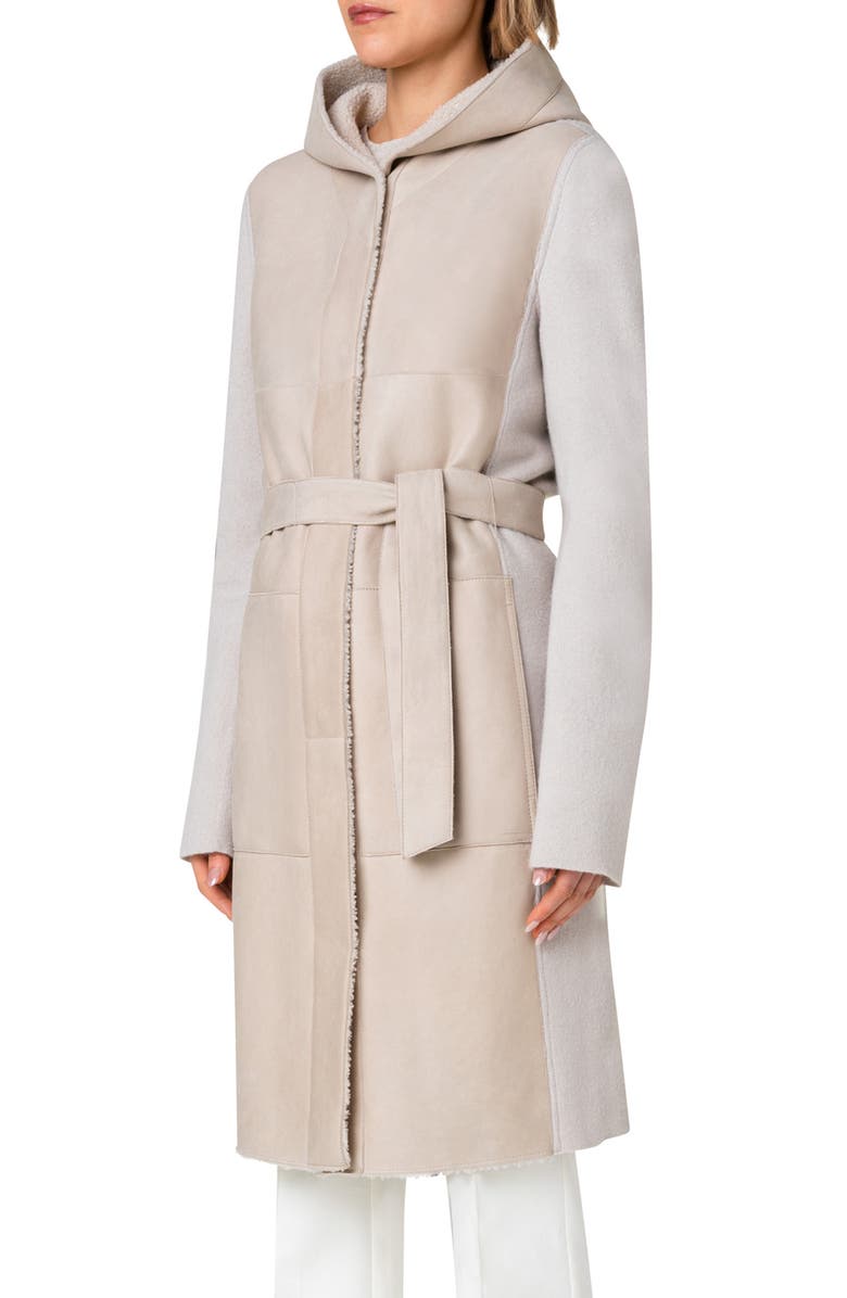 Akris Cashmere Stretch Knit & Genuine Shearling Hooded Coat, Alternate, color, 