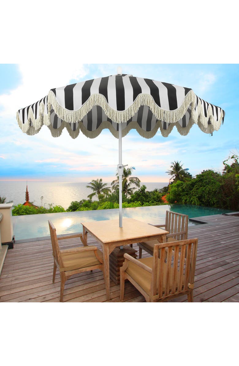 JONATHAN Y Collins 9 ft. Classic Cottage Fringe Tassel Market Patio Umbrella with Auto-Tilt Crank, Alternate, color, Black/White - White Pole