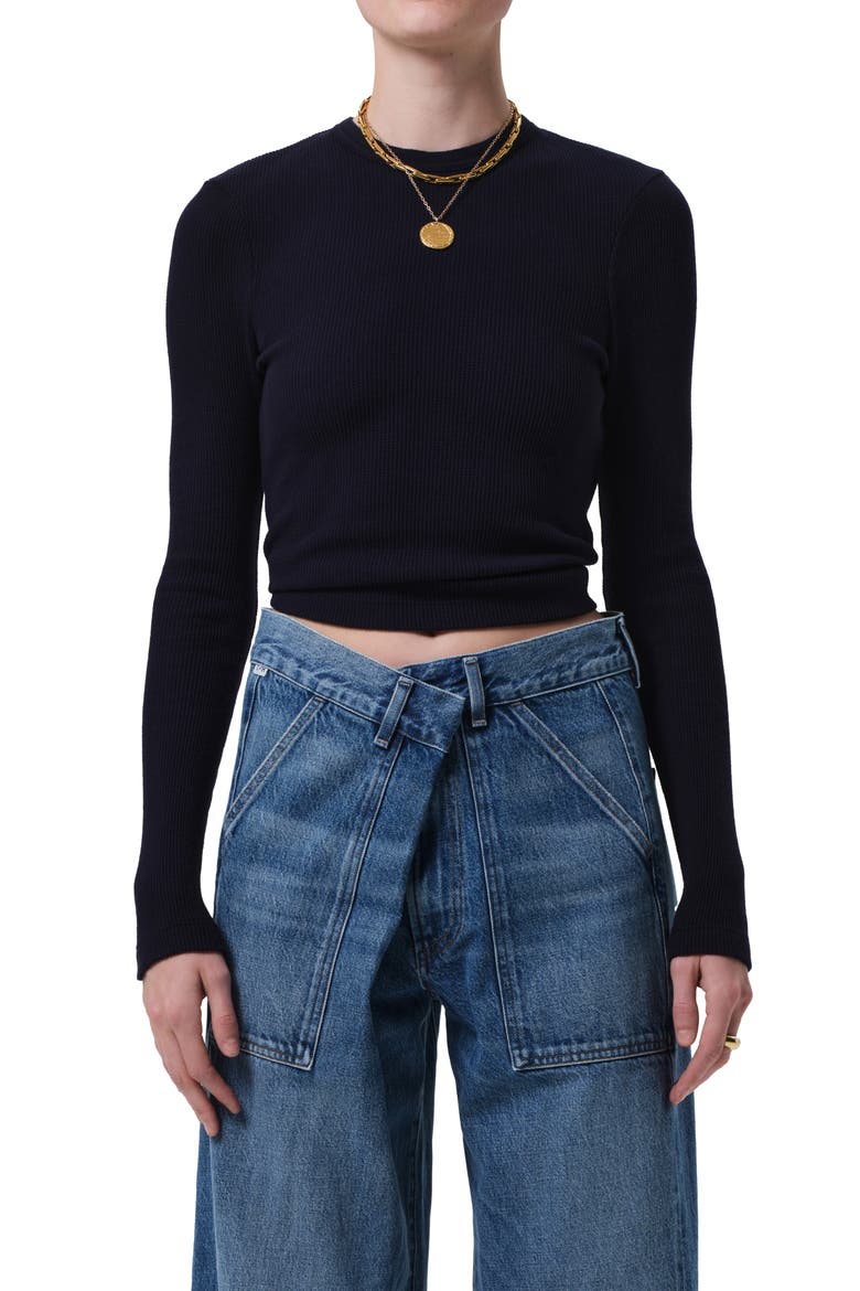 Pilar Long Sleeve Recycled Cotton Waffle Knit T-Shirt, Main, color, NAVY