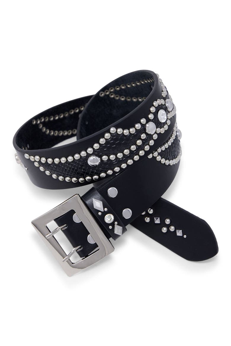Stud Leather Belt, Main, color, BLACK/ BLACK