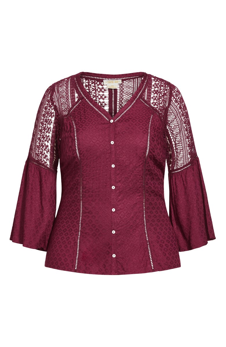 City Chic Sweet Dream Lace Trim Bell Sleeve Top, Alternate, color, 