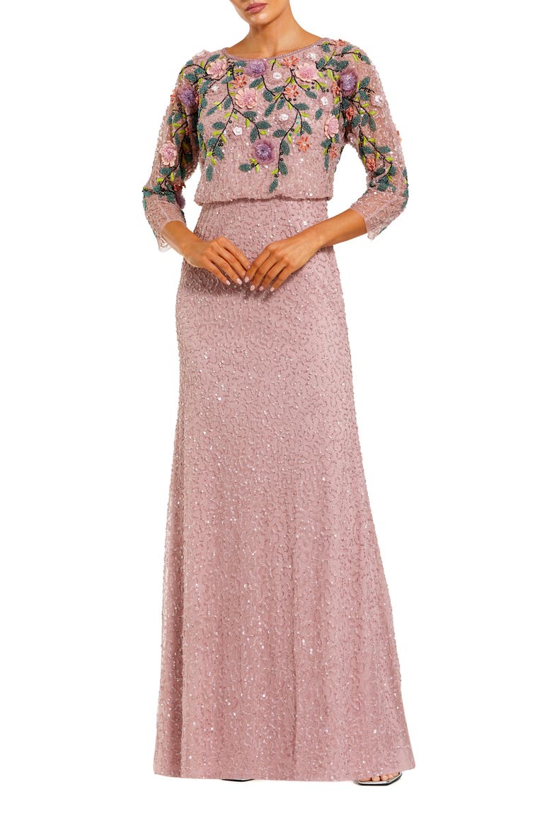 Floral Embellished Long Sleeve Gown, Main, color, Vintage Lilac Multi