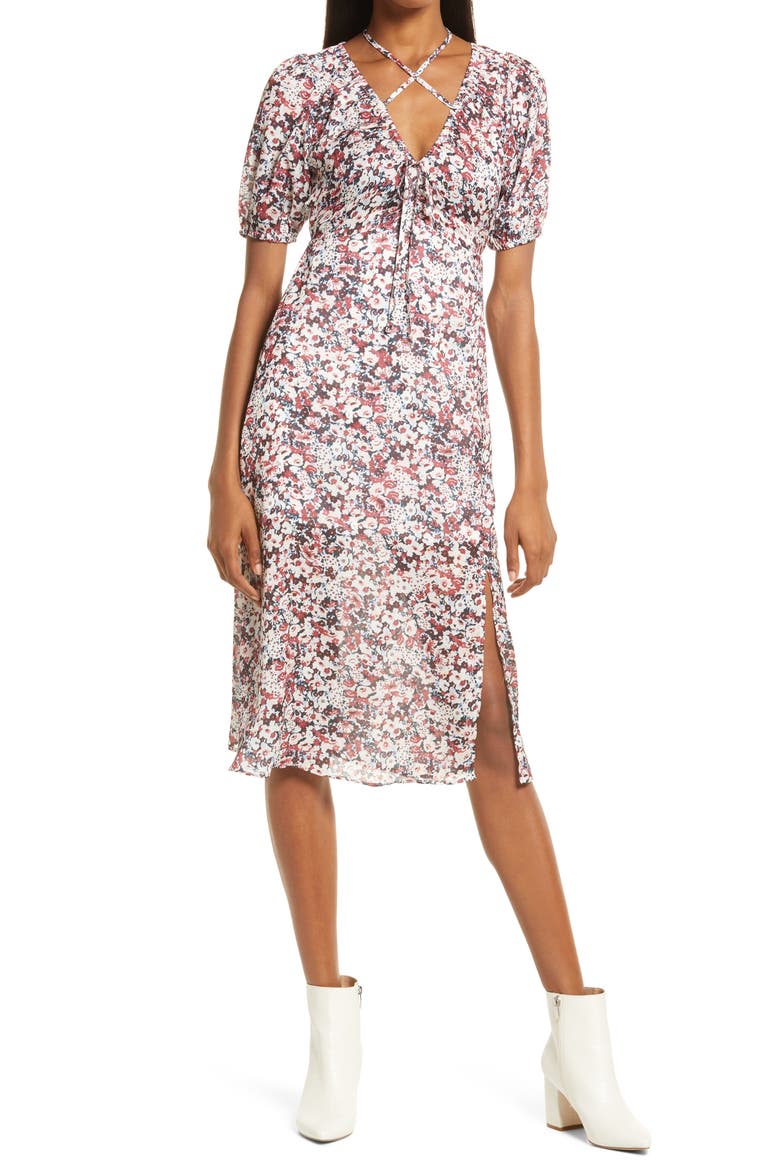 Floral Print Tie Front Midi Dress, Main, color, DITSY
