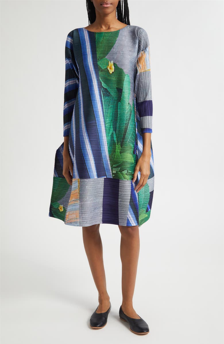 Pleats Please Issey Miyake City Collage Pleated Dress, Main, color, Gray X Navy