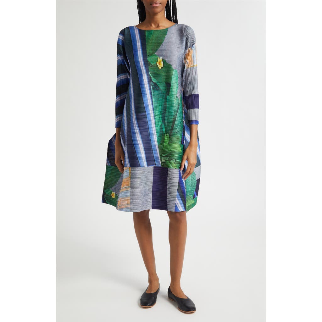 Issey Miyake Pleats Please City Collage Pleated Dress In 09-gray X Navy