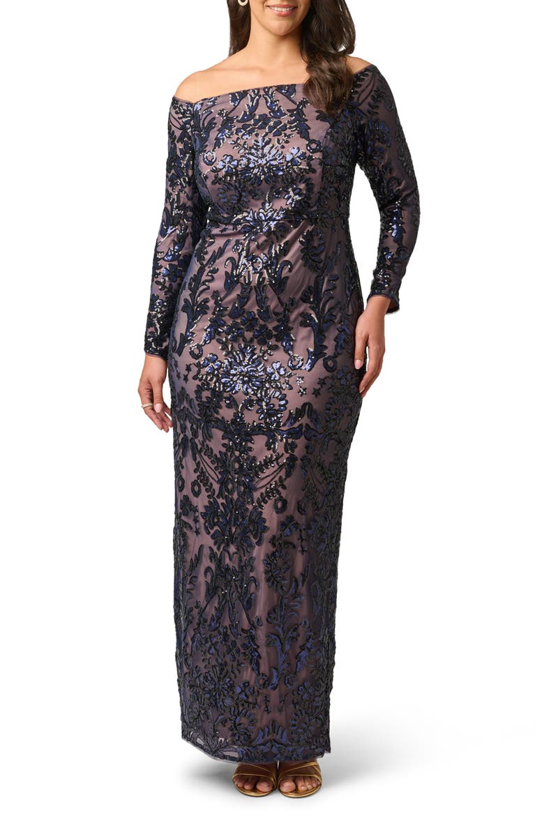 Off the Shoulder Sequin Gown, Main, color, NAVY/ ROSEGOLD