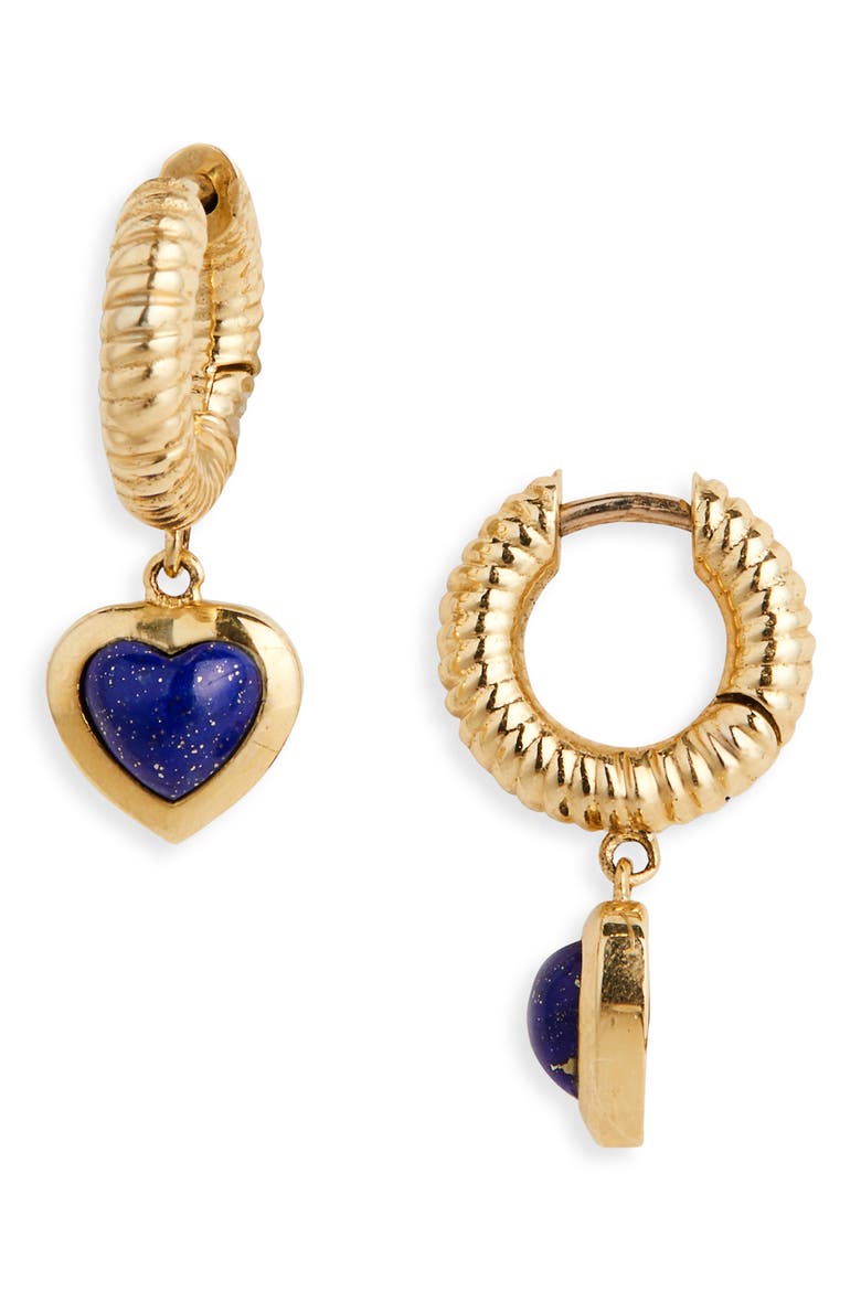 Stone Heart Huggie Drop Earrings, Main, color, LAPIS/ GOLD