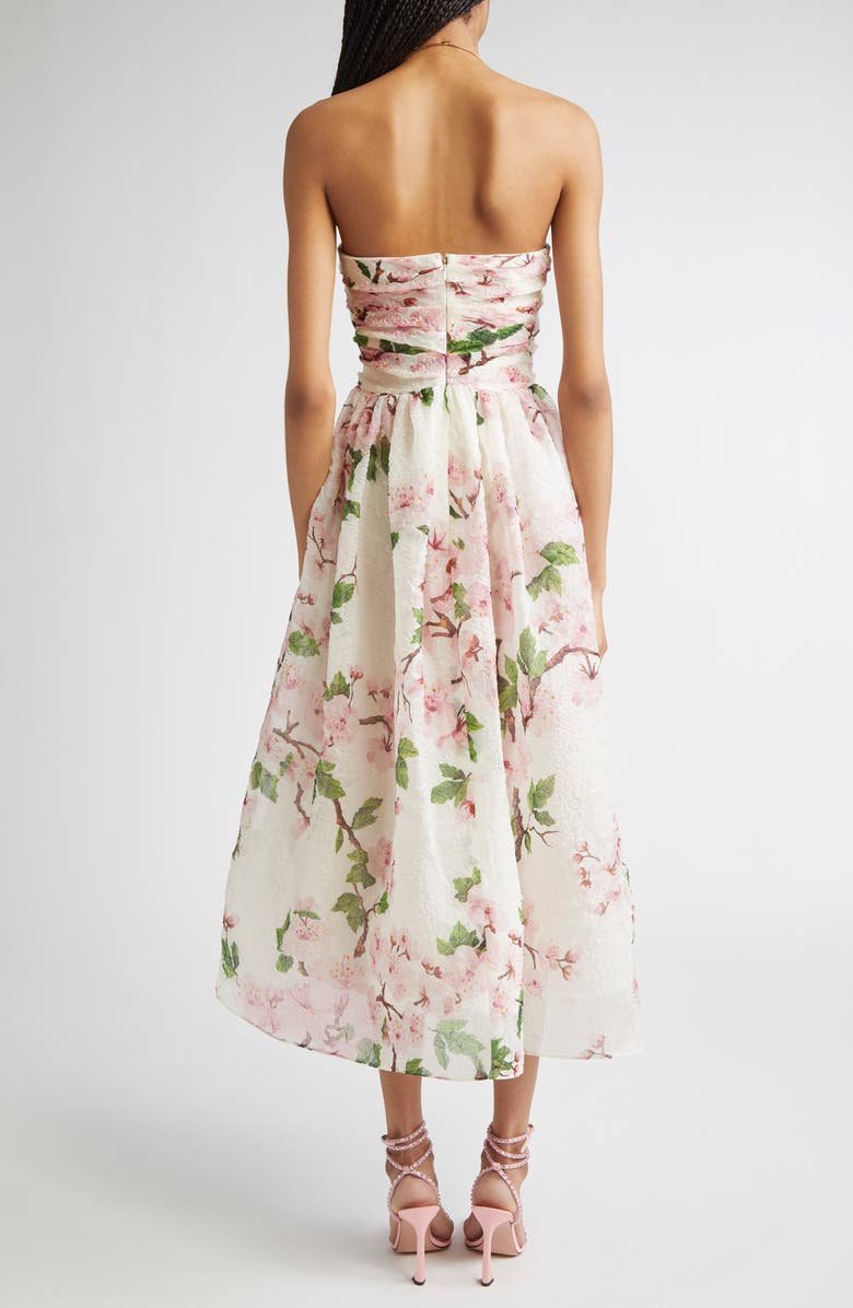 Oscar de la Renta Cherry Blossom Strapless Organdy Midi Dress, Alternate, color, Pink/ Ivory