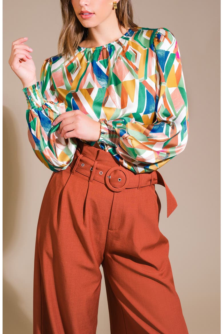 Geometric Print Long Sleeve Top, Alternate, color, SAGE MUSTARD