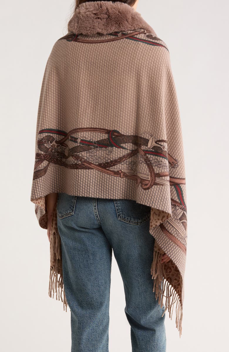 La Fiorentina Chain Print Fringe Wool Wrap with Faux Fur Trim, Alternate, color, Camel