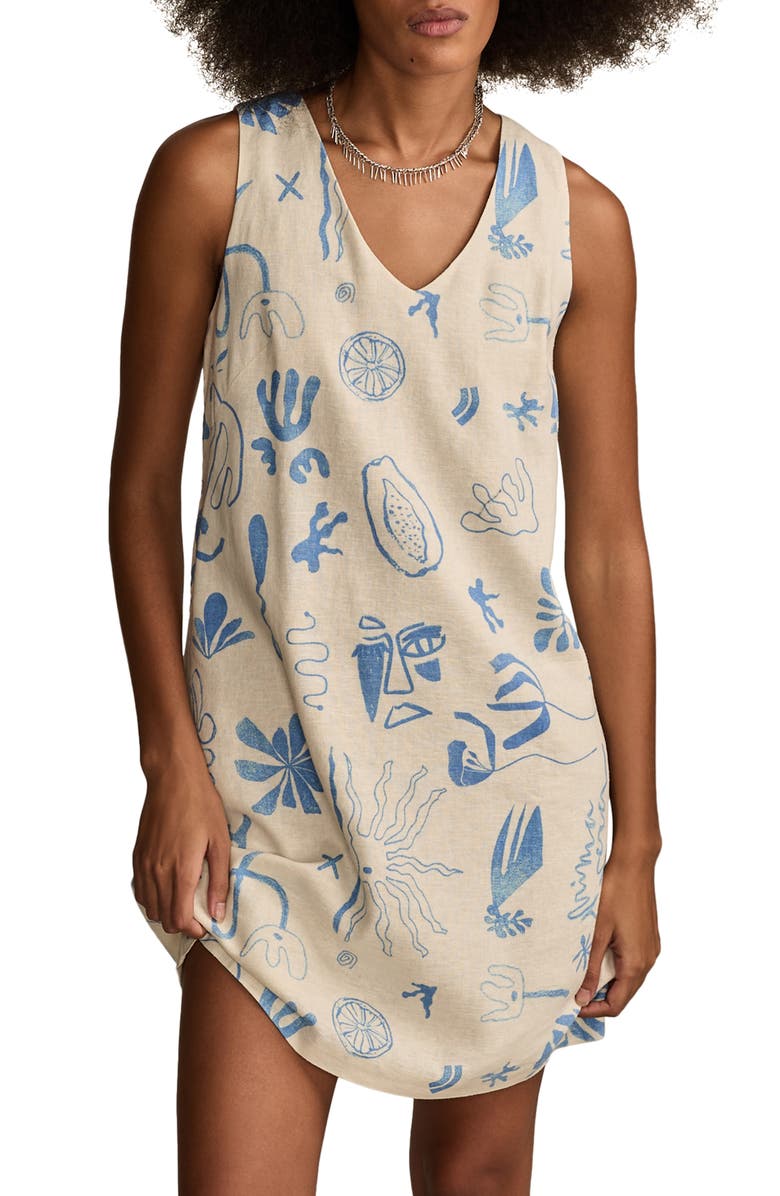 Lucky Brand Mixed Print Linen Blend Sleeveless Minidress, Main, color, Blue Coral Print