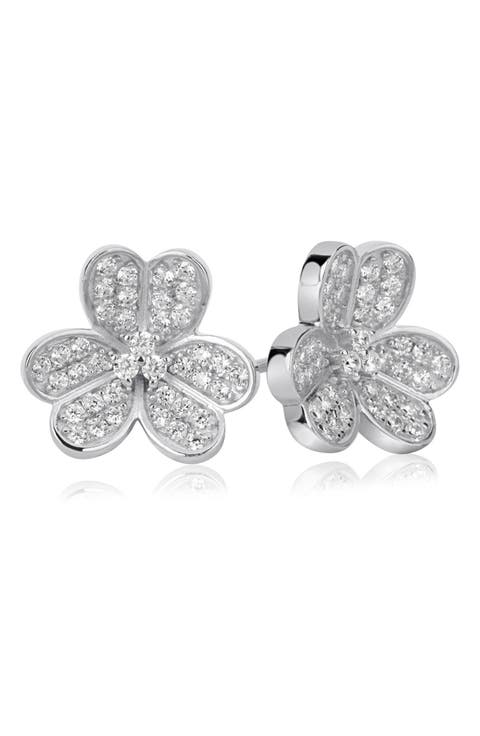 Sterling Silver CZ 3-Petal Flower Stud Earrings
