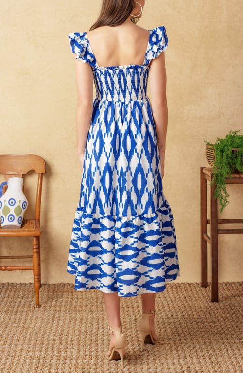 Flying Tomato Smocked Ruffle Strap Tiered Midi Dress In Ivory Blue