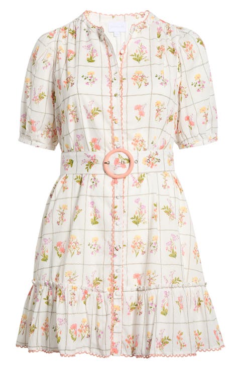 Diane Floral Redna Belted Cotton Button-Up Minidress (Plus)