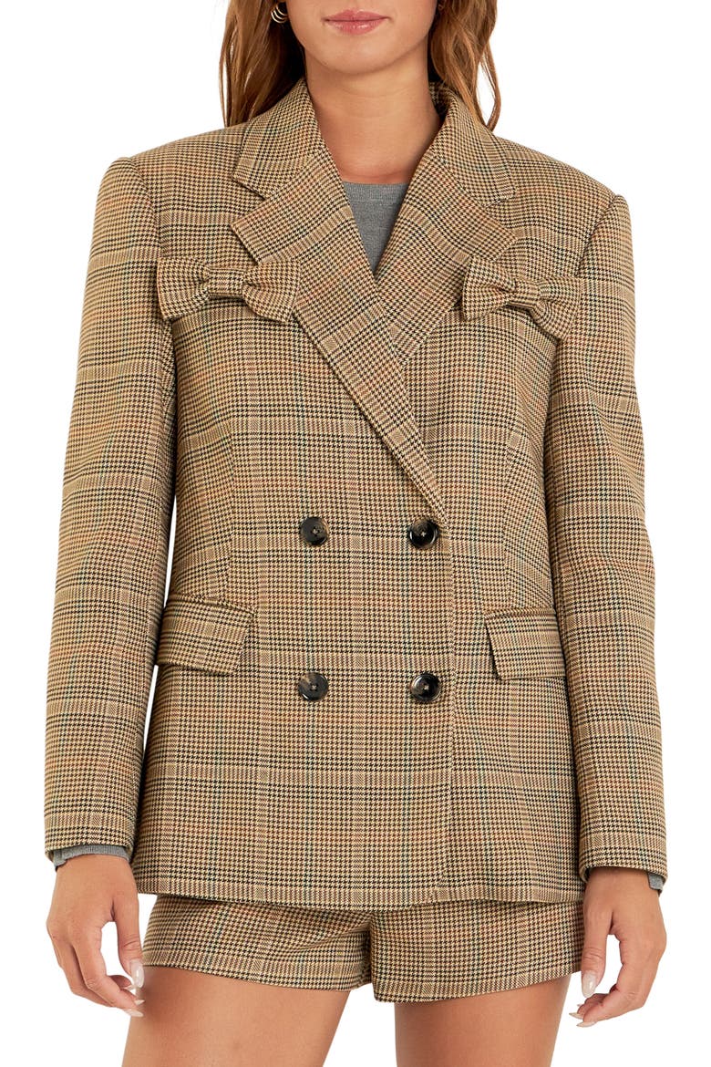 Glen Check Bow Detail Double Breasted Blazer, Main, color, BROWN