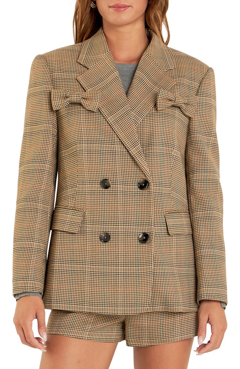 English Factory Glen Check Bow Detail Double Breasted Blazer, Main, color, Brown