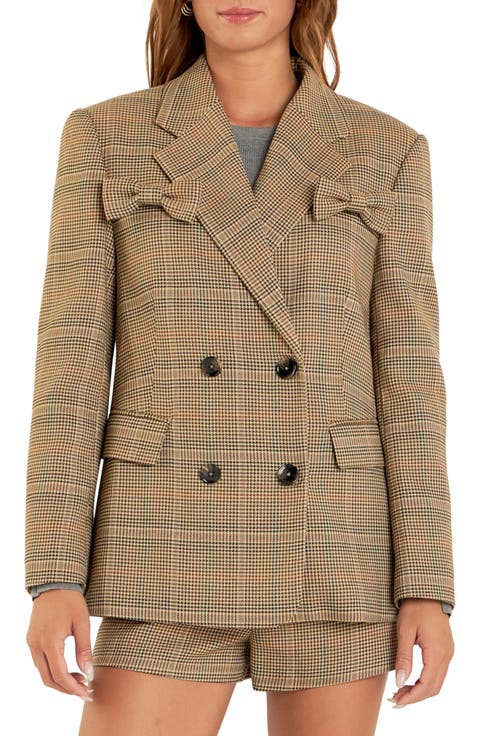 Glen Check Bow Detail Double Breasted Blazer