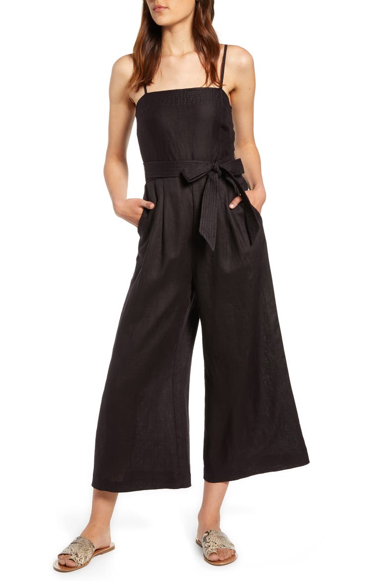 Spaghetti Strap Linen Jumpsuit, Main, color, BLACK