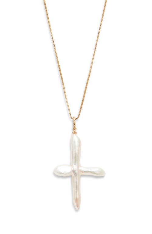Child Of Wild Esther Freshwater Pearl Cross Pendant Necklace In Gold