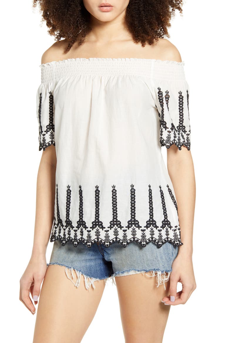 Shery Contrast Embroidery Off the Shoulder Top, Main, color, CLOUD DANCER BLACK