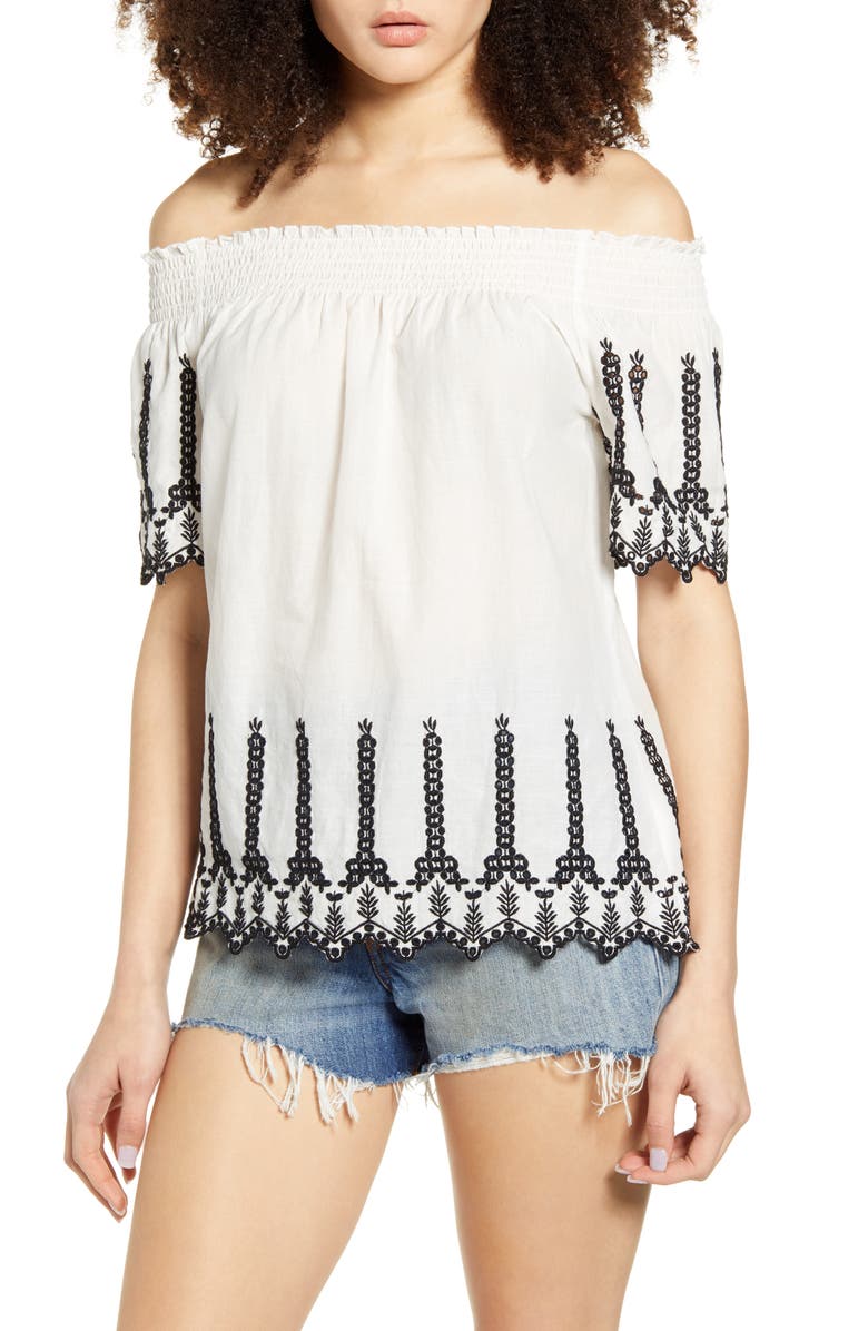 Only Shery Contrast Embroidery Off the Shoulder Top, Main, color, 