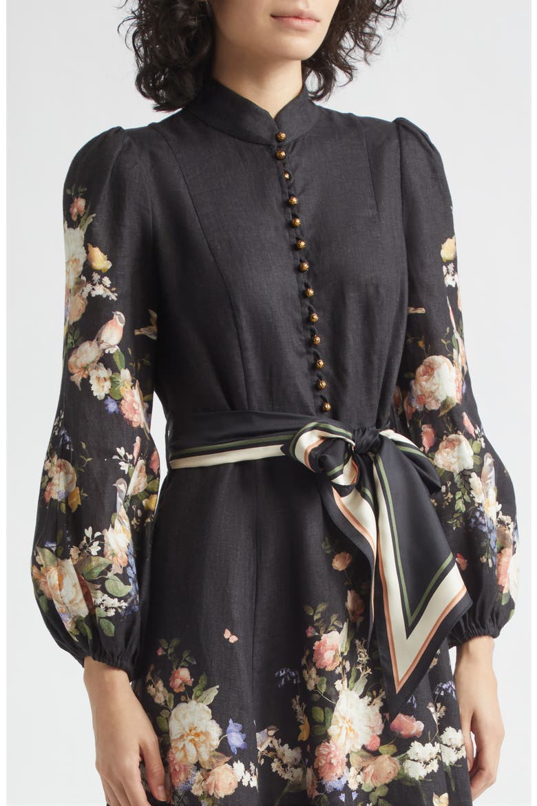Valiant Floral Long Sleeve Linen Midi Dress, Alternate, color, BLACK BOUQUET