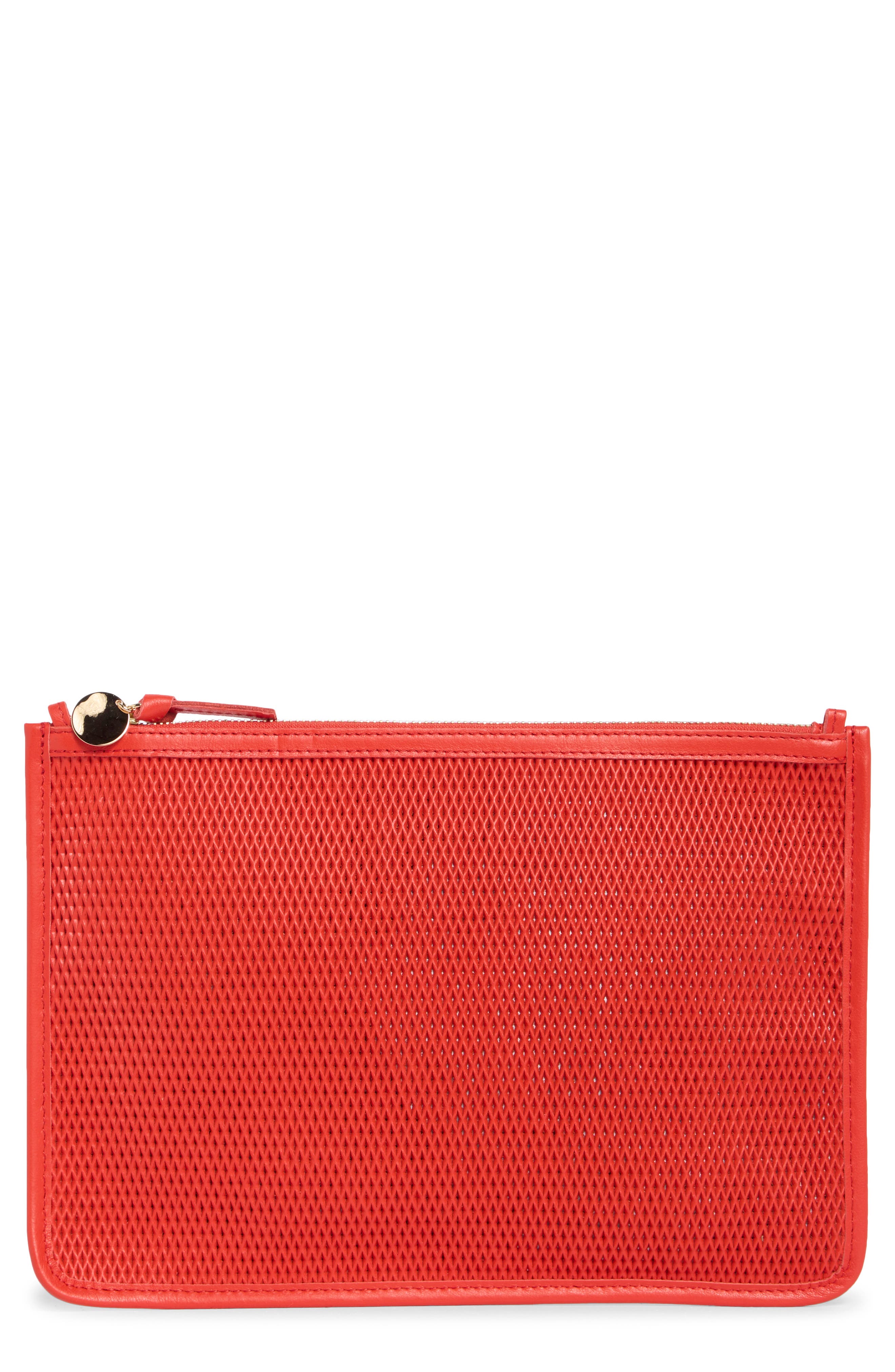 Clare V. Perforated Leather Clutch, Main, color, Bright Poppy