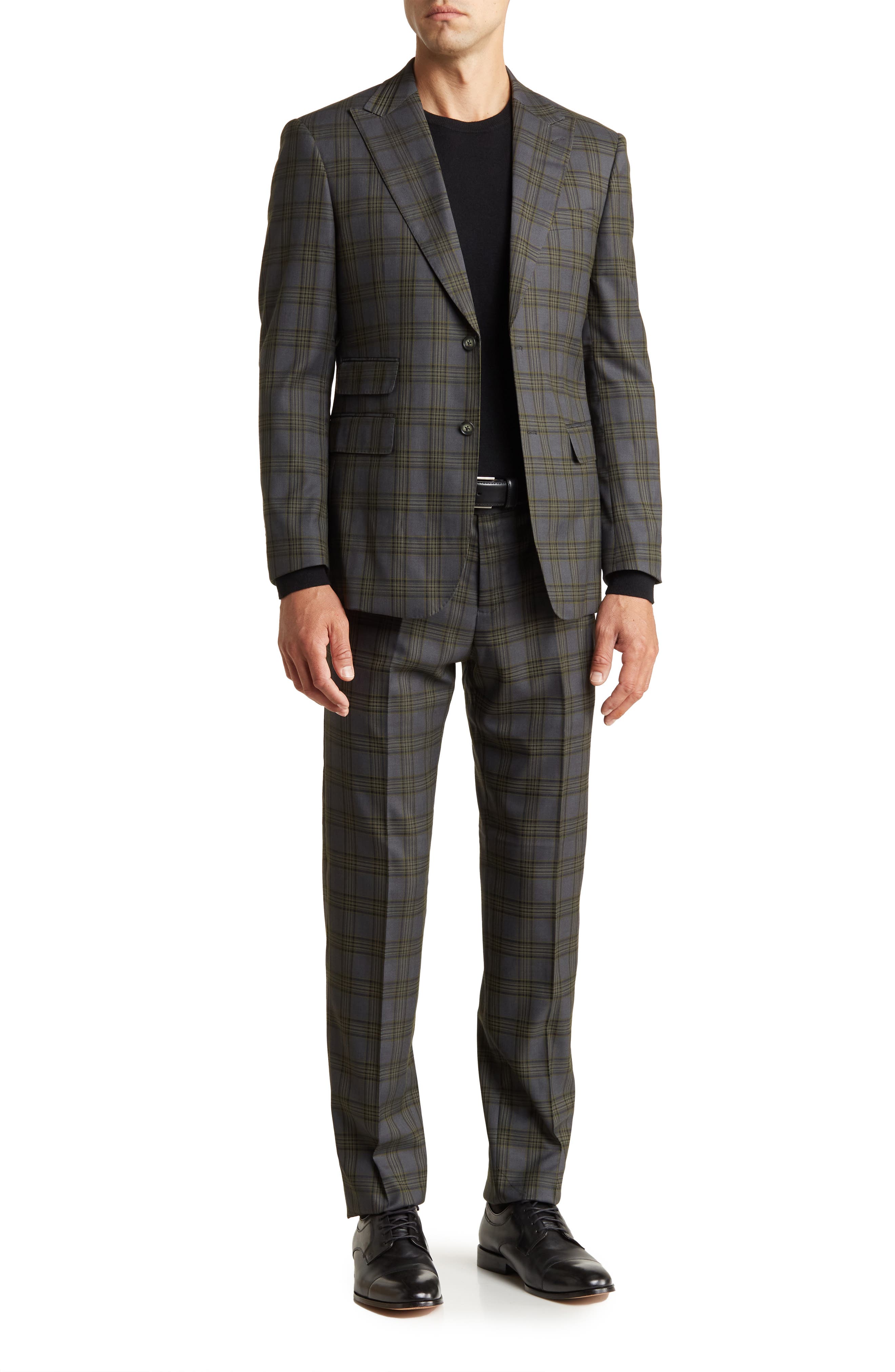 English Laundry Trim Fit Green Plaid Two Button Peak Lapel Suit
