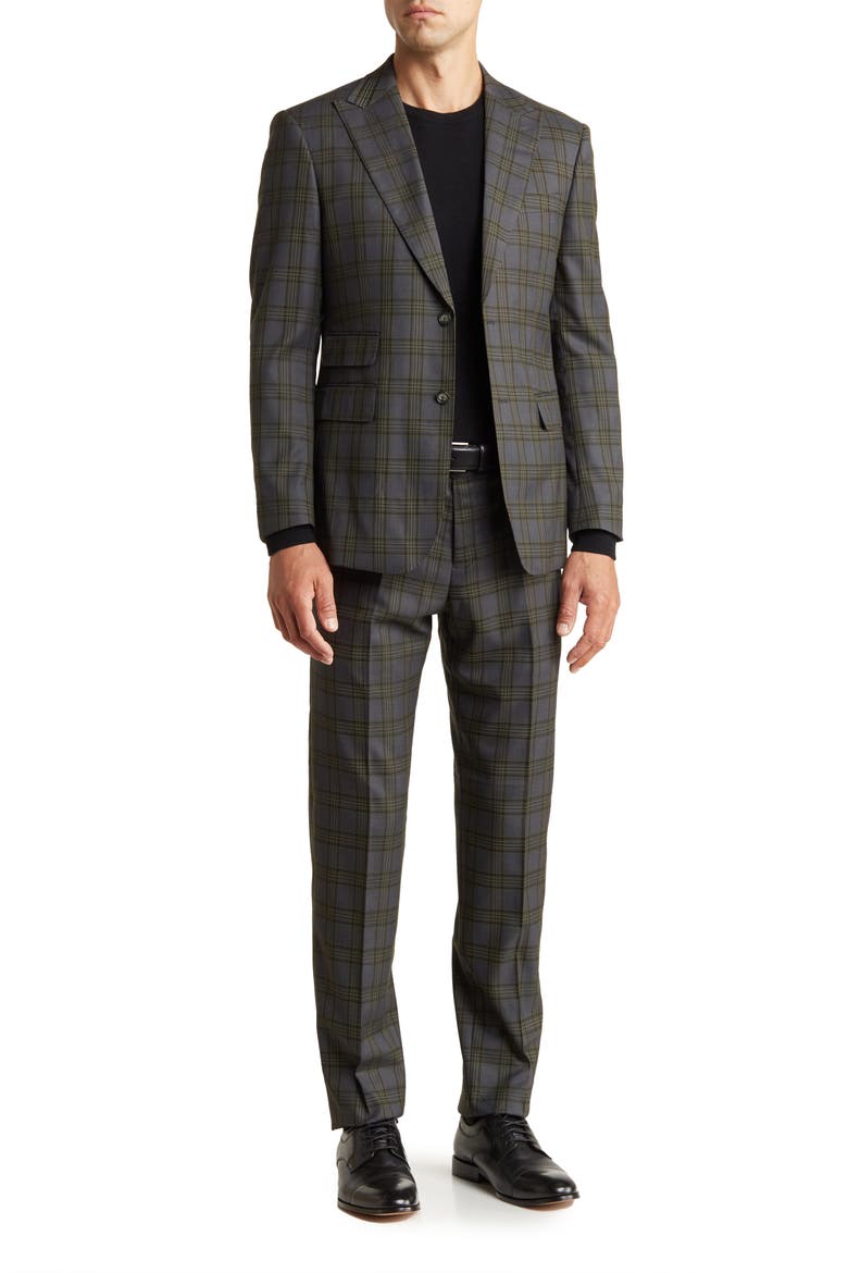 Trim Fit Green Plaid Two Button Peak Lapel Suit, Main, color, GREEN