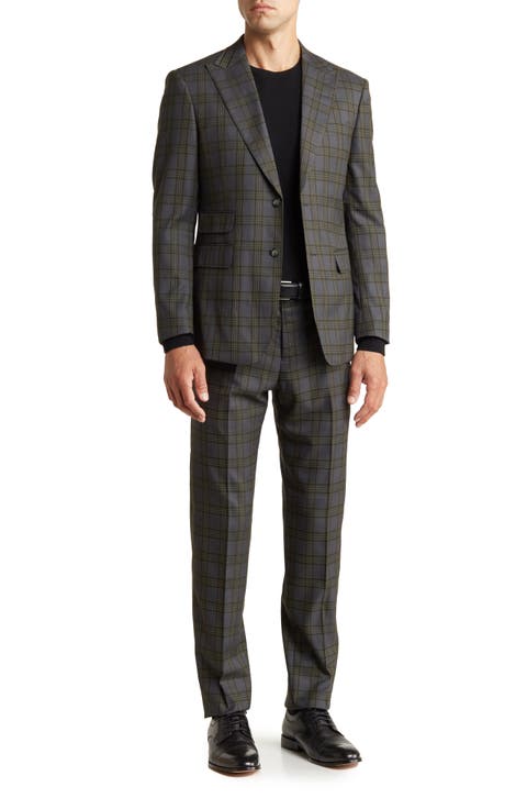 Trim Fit Green Plaid Two Button Peak Lapel Suit
