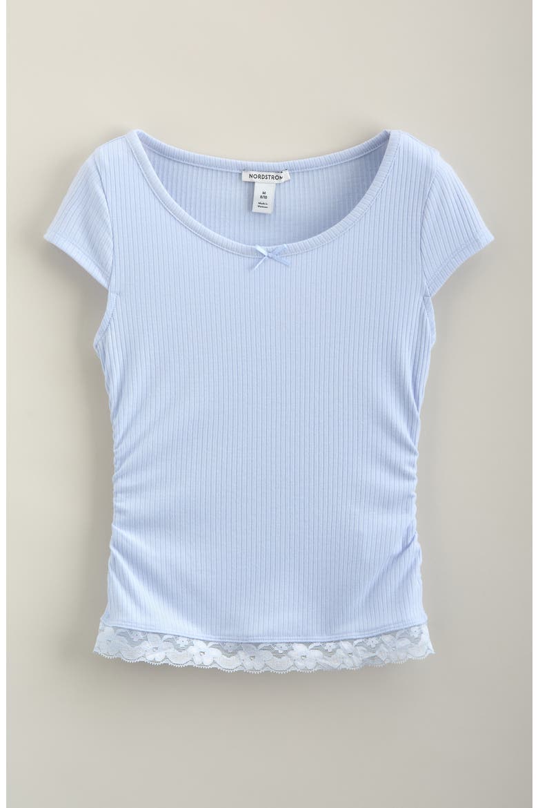 Kids' Ruched Lace Trim Tee, Main, color, BLUE FEATHER
