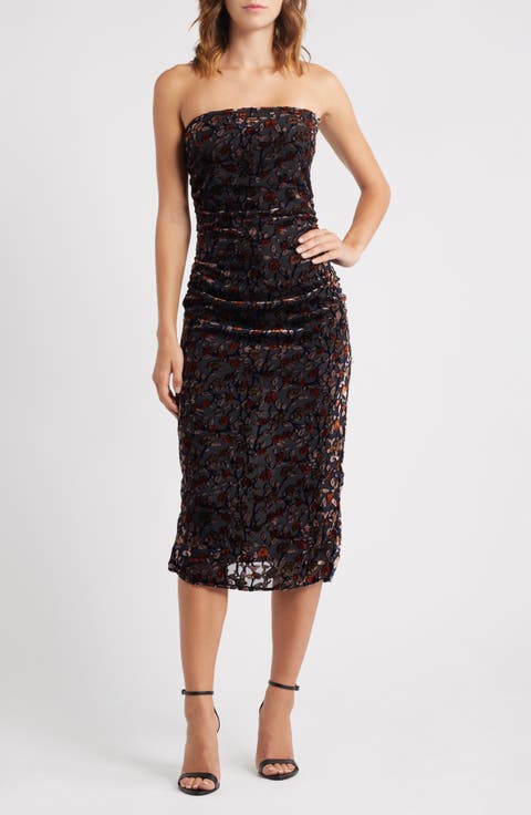 Pixie Metallic Floral Strapless Mesh Midi Dress