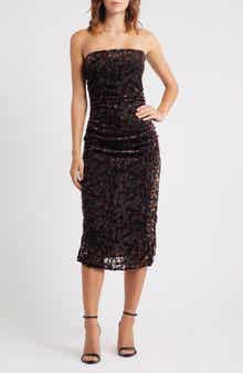 Lulus Pixie Metallic Floral Strapless Mesh Midi Dress