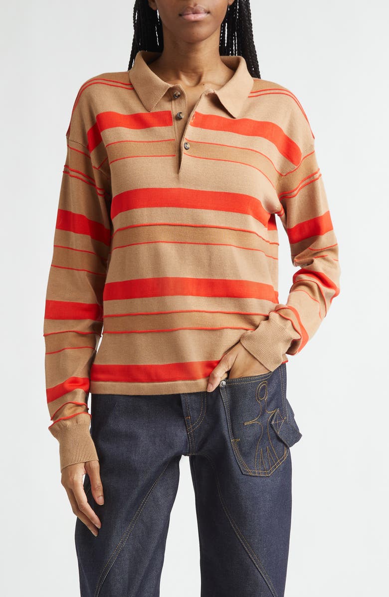 JW Anderson Stripe Cotton & Wool Blend Rugby Polo, Main, color, Biscuit