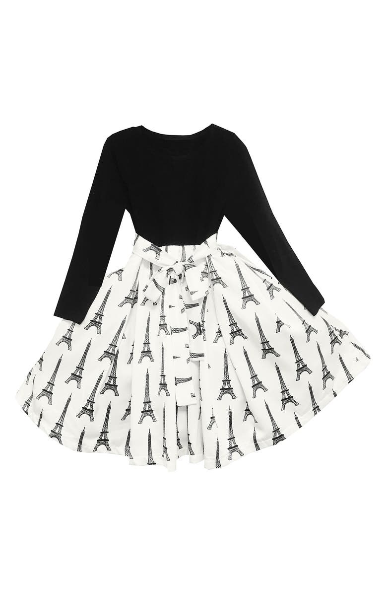 JOE-ELLA Kids' Eiffel Tower Long Sleeve Dress, Main, color, White