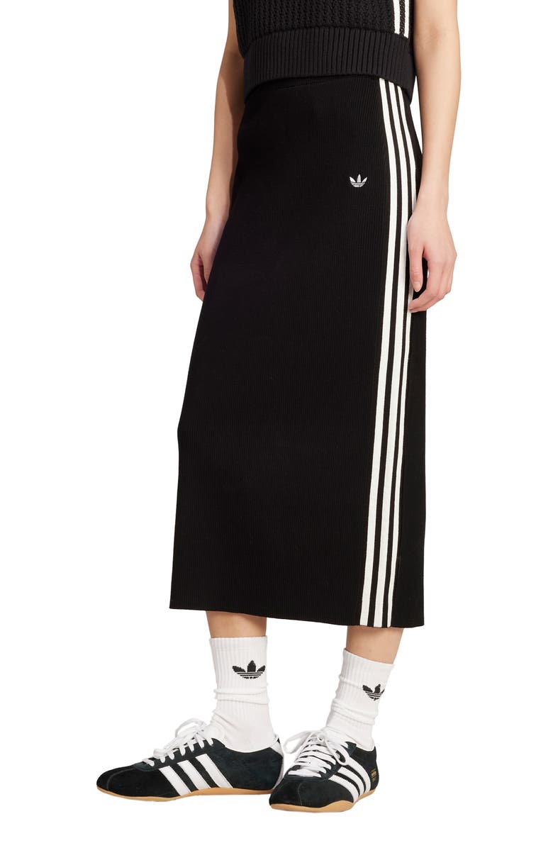adidas 3-Stripes Knit Midi Skirt, Main, color, Black
