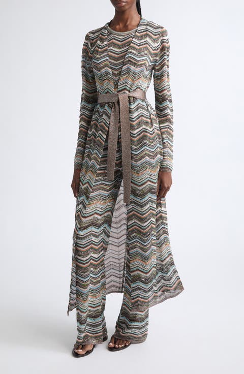 Belted Sequin Metallic Zigzag Stripe Maxi Cardigan