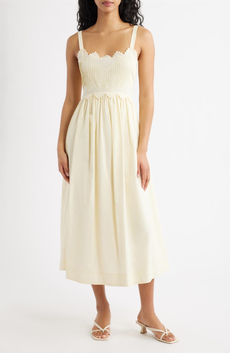 MOON RIVER Embroidered Sleeveless Cotton Midi Dress, Main, color, Butter Yellow