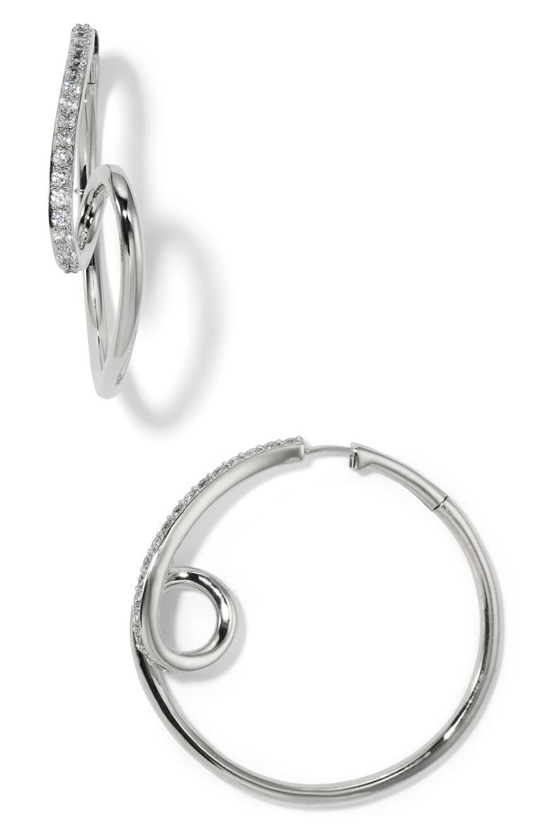 Muse Pavé Cubic Zirconia Swirl Hoop Earrings, Main, color, RHODIUM