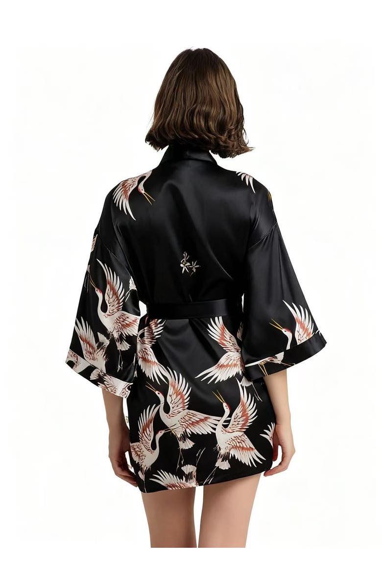 SILKSILKY 19Momme Pure Silk Printed Short Robe, Alternate, color, Black